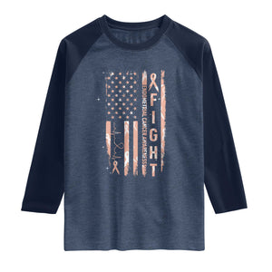 American Flag Endometrial Cancer Raglan Shirt Fight Together Peach Ribbon Support Squad TS12 Heather Denim Navy Print Your Wear