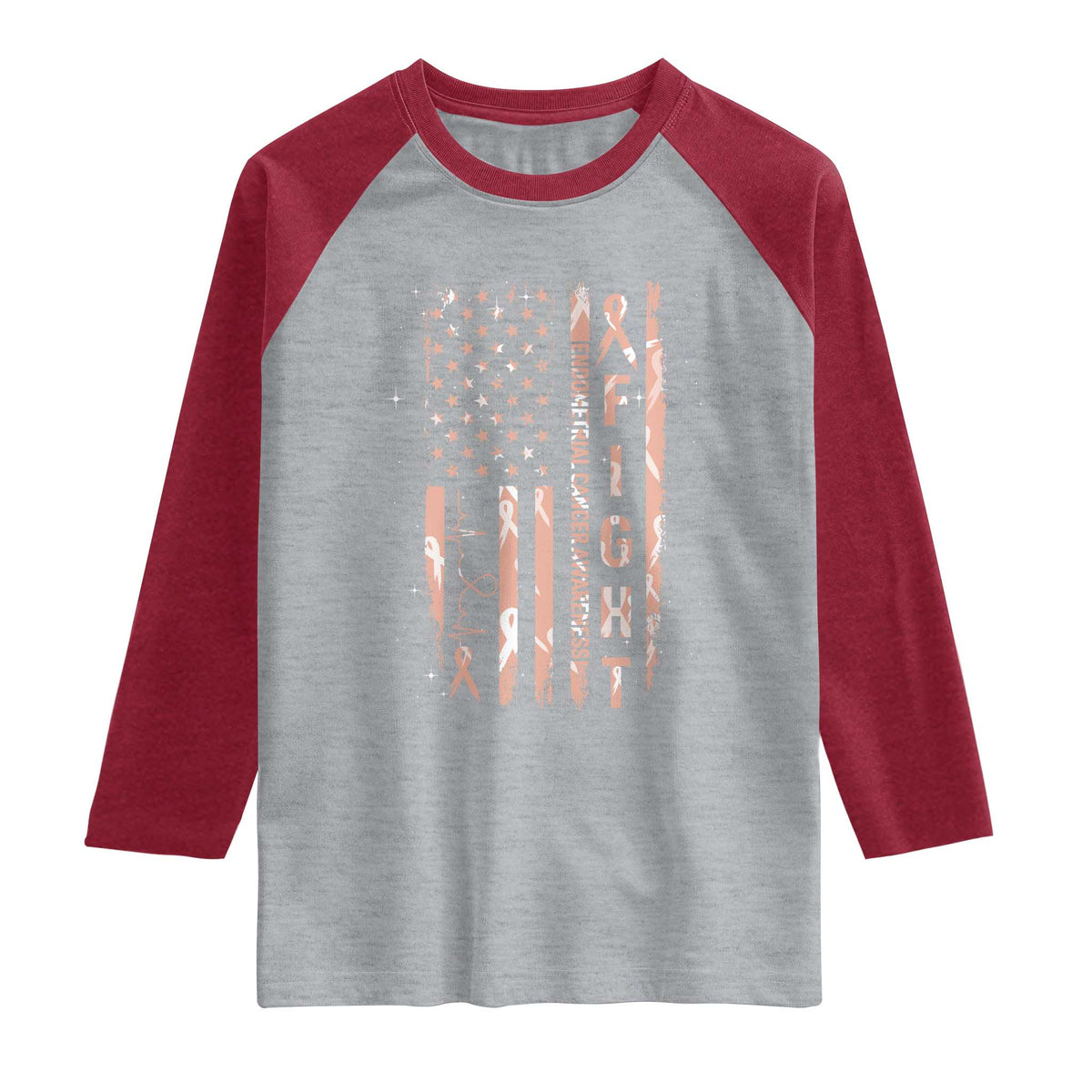 American Flag Endometrial Cancer Raglan Shirt Fight Together Peach Ribbon Support Squad TS12 Heather Gray Heather Red Print Your Wear