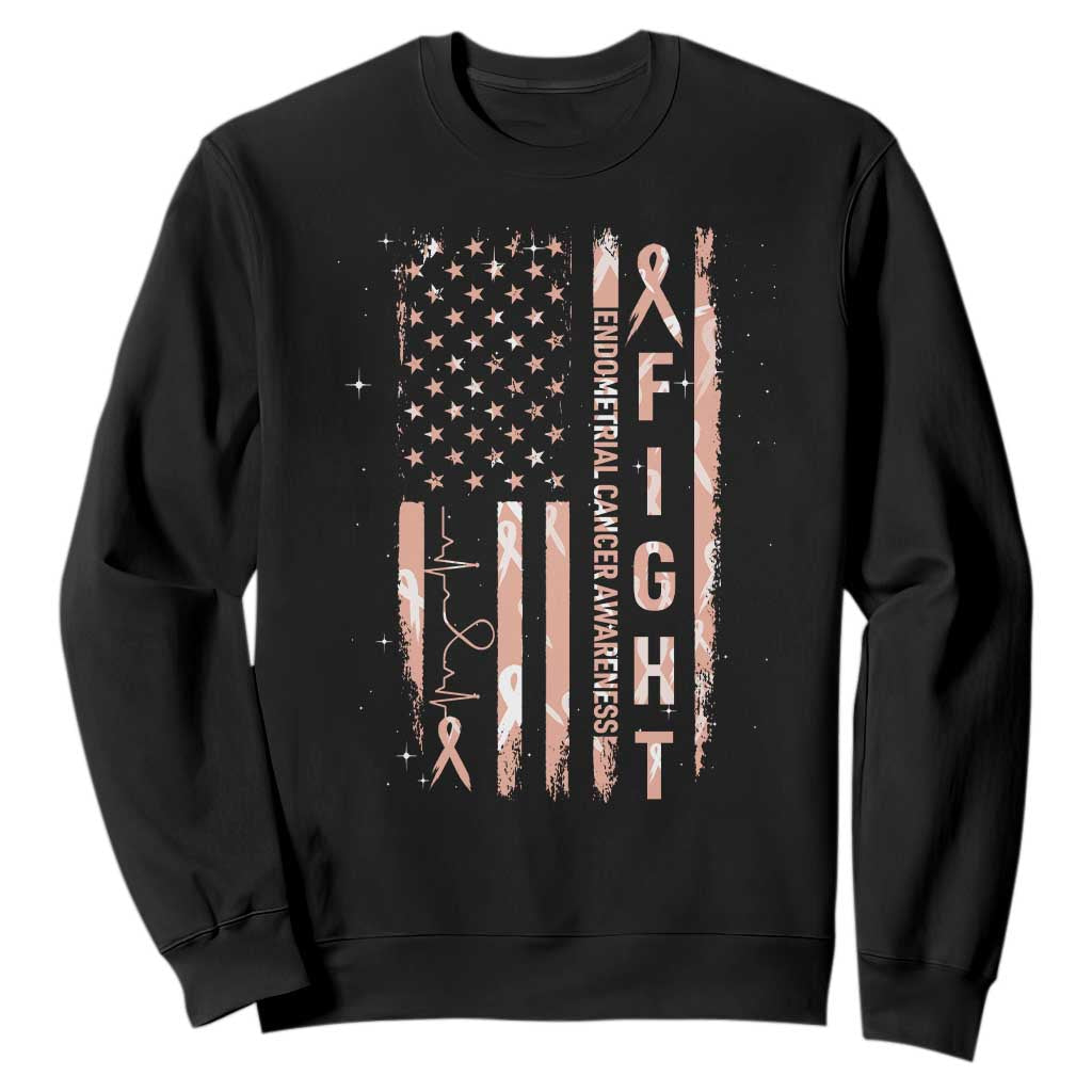 American Flag Endometrial Cancer Sweatshirt Fight Together Peach Ribbon Support Squad TS12 Black Print Your Wear