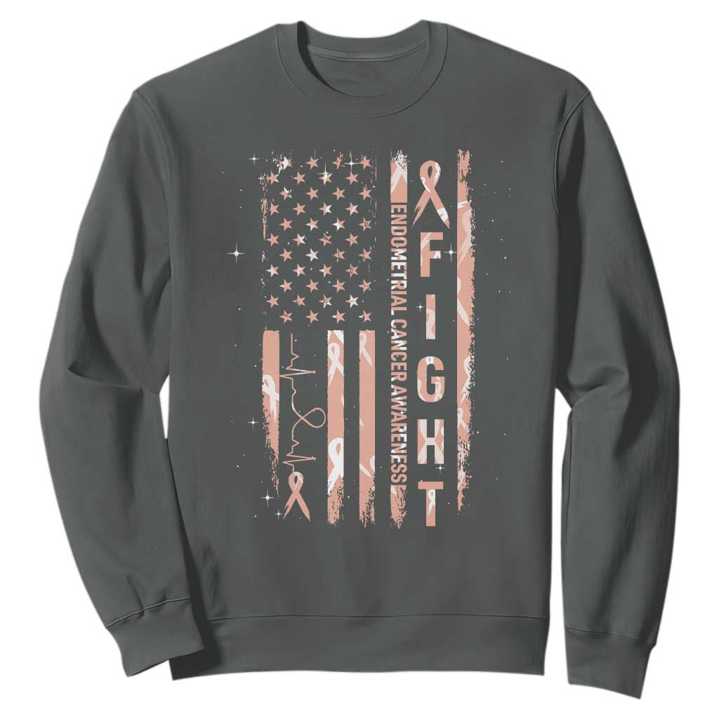 American Flag Endometrial Cancer Sweatshirt Fight Together Peach Ribbon Support Squad TS12 Dark Heather Print Your Wear