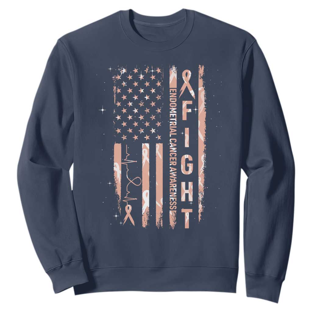 American Flag Endometrial Cancer Sweatshirt Fight Together Peach Ribbon Support Squad TS12 Navy Print Your Wear