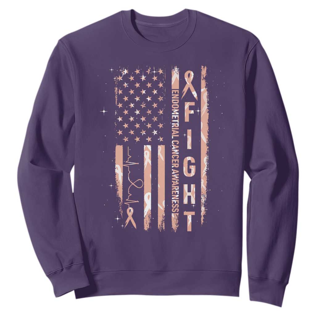 American Flag Endometrial Cancer Sweatshirt Fight Together Peach Ribbon Support Squad TS12 Purple Print Your Wear