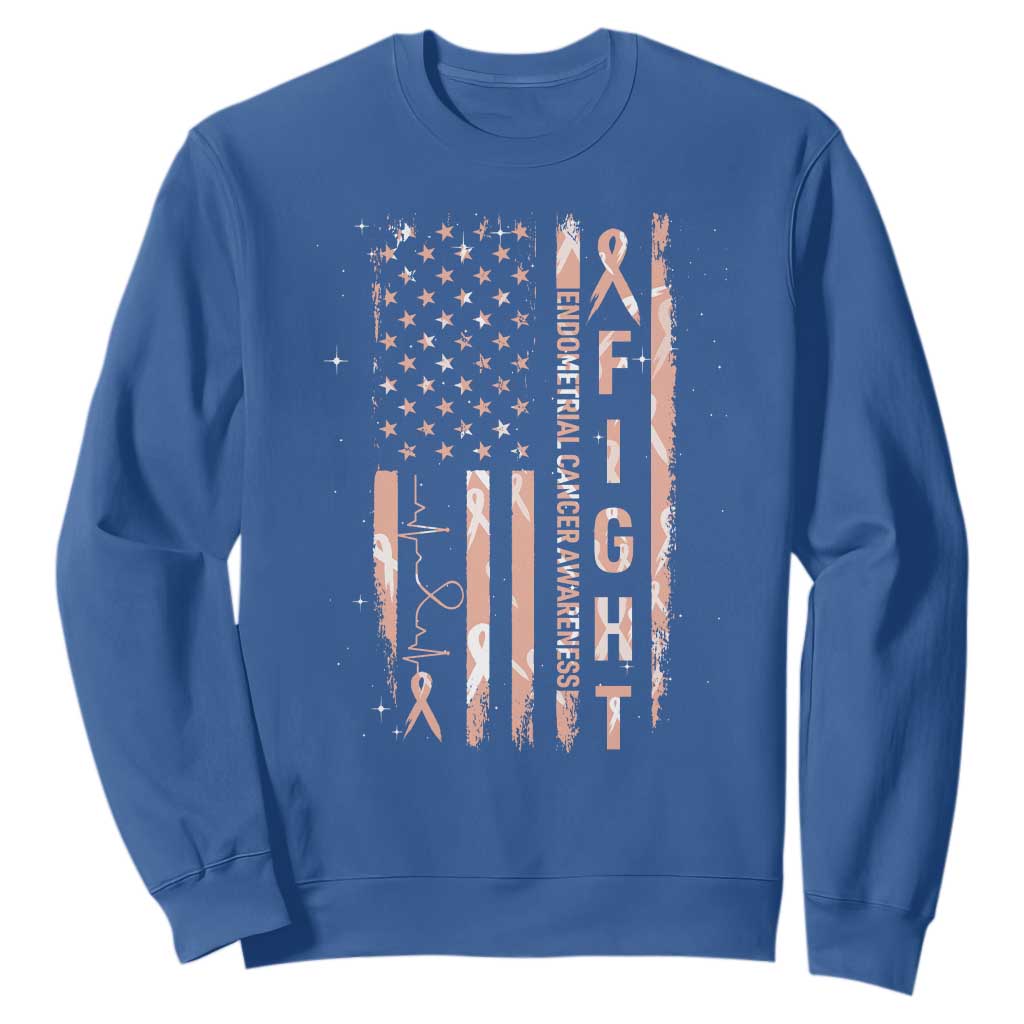 American Flag Endometrial Cancer Sweatshirt Fight Together Peach Ribbon Support Squad TS12 Royal Blue Print Your Wear