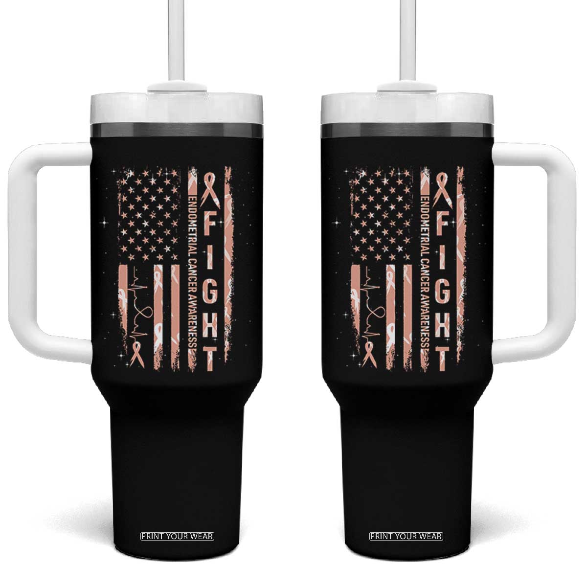 American Flag Endometrial Cancer Tumbler With Handle Fight Together Peach Ribbon Support Squad TS12 One Size: 40 oz Black Print Your Wear