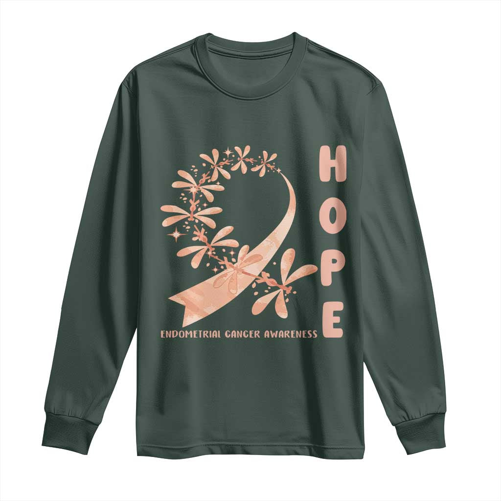 Peach Dragonfly Endometrial Cancer Long Sleeve Shirt Hope And Strength TS12 Dark Forest Green Print Your Wear