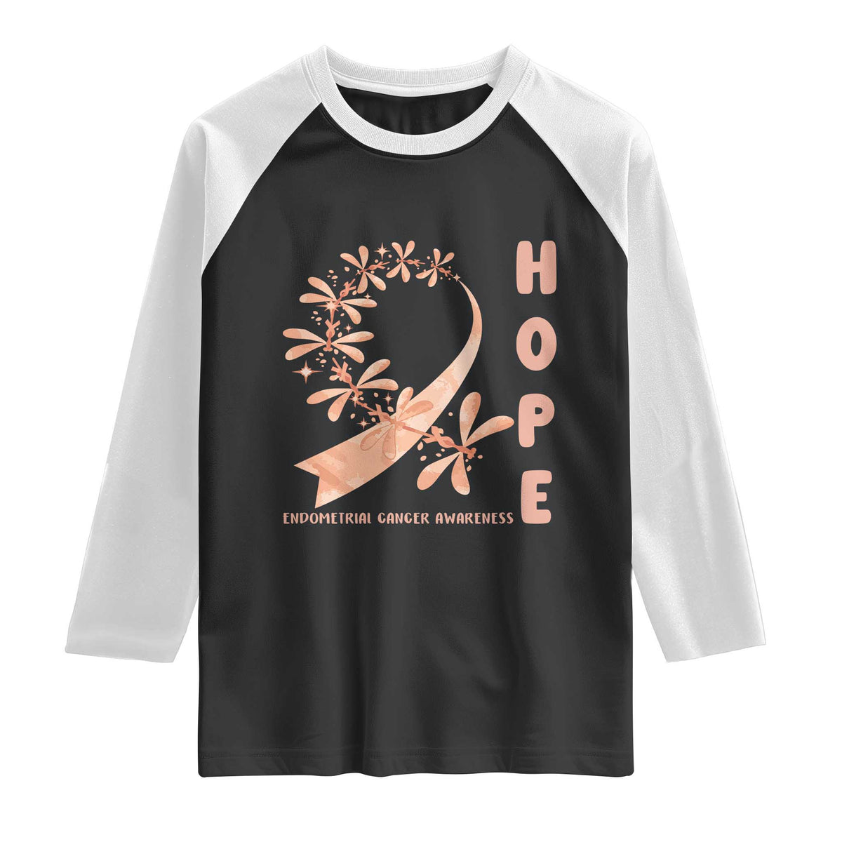 Peach Dragonfly Endometrial Cancer Raglan Shirt Hope And Strength TS12 Black White Print Your Wear