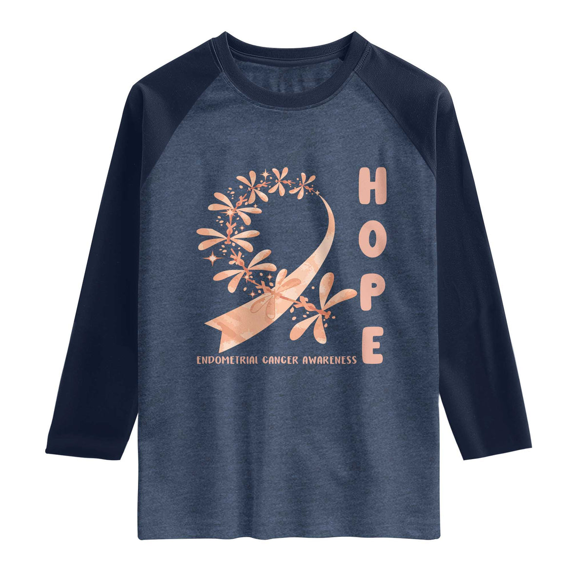 Peach Dragonfly Endometrial Cancer Raglan Shirt Hope And Strength TS12 Heather Denim Navy Print Your Wear