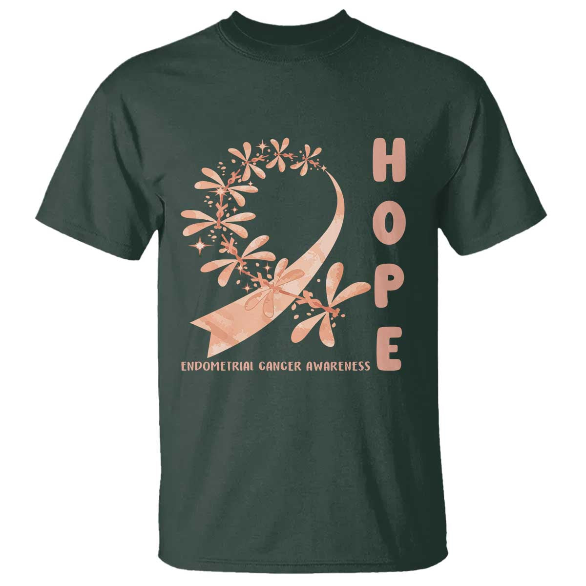 Peach Dragonfly Endometrial Cancer T Shirt Hope And Strength TS12 Dark Forest Green Print Your Wear