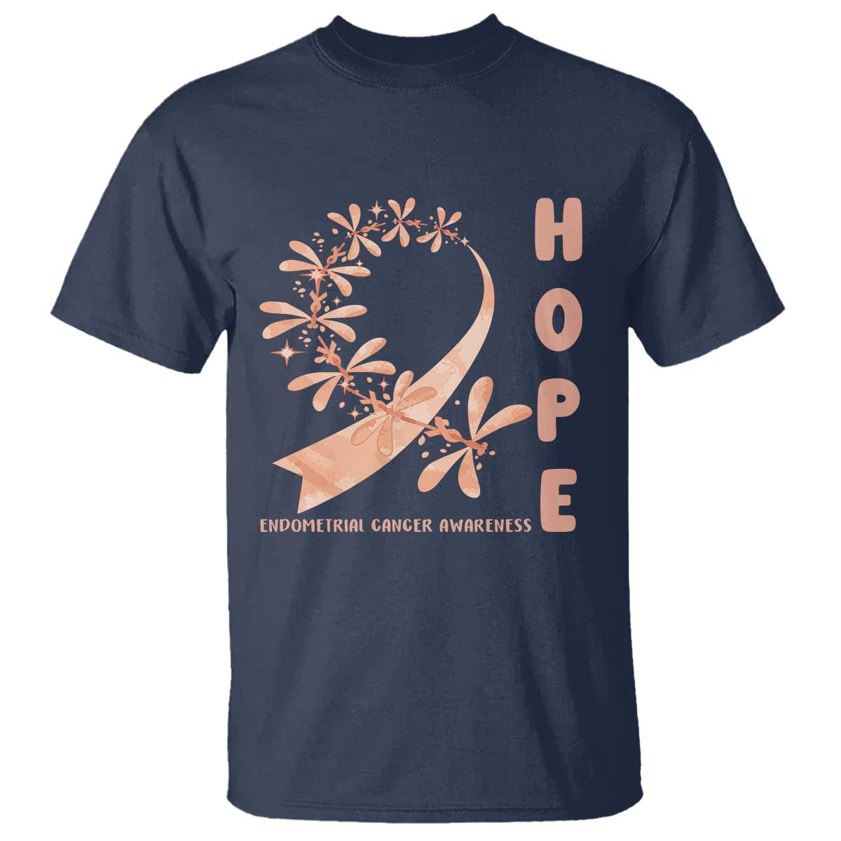 Peach Dragonfly Endometrial Cancer T Shirt Hope And Strength TS12 Navy Print Your Wear