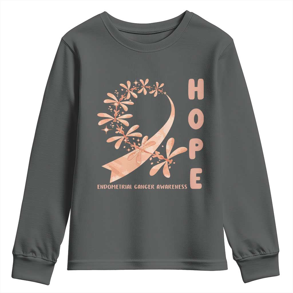 Peach Dragonfly Endometrial Cancer Youth Sweatshirt Hope And Strength TS12 Dark Heather Print Your Wear