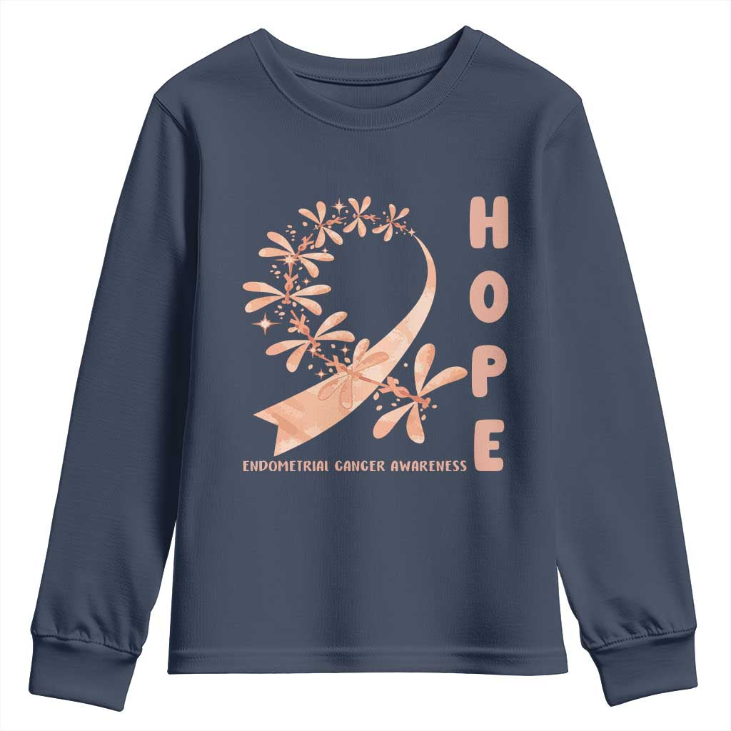 Peach Dragonfly Endometrial Cancer Youth Sweatshirt Hope And Strength TS12 Navy Print Your Wear