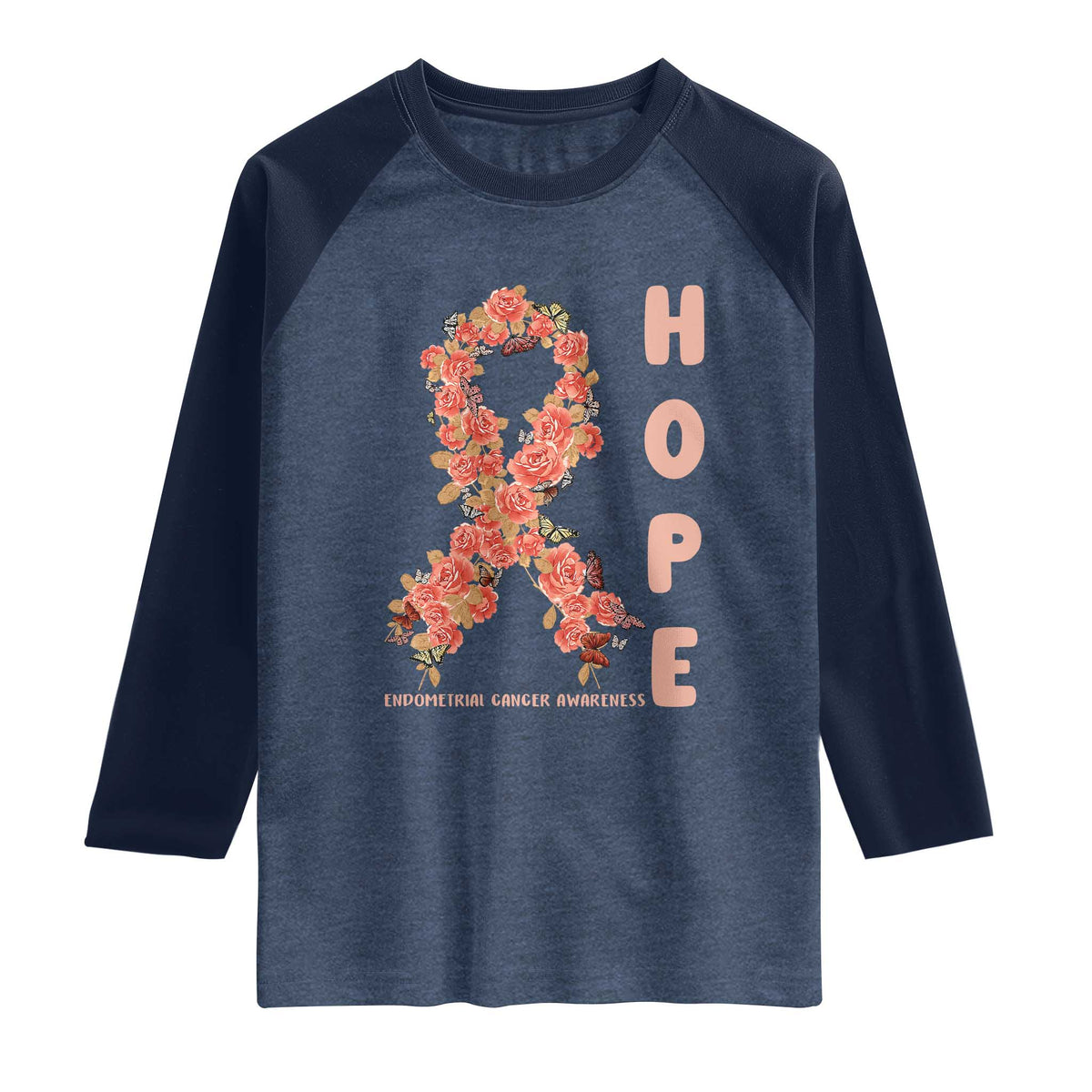 Endometrial Cancer Floral Ribbon Raglan Shirt Hope Peach Ribbon Warrior TS12 Heather Denim Navy Print Your Wear