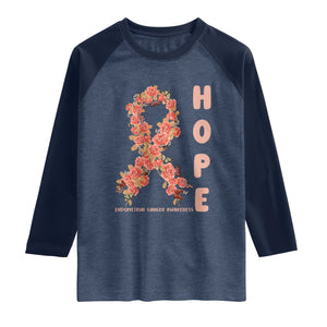 Endometrial Cancer Floral Ribbon Raglan Shirt Hope Peach Ribbon Warrior TS12 Heather Denim Navy Print Your Wear