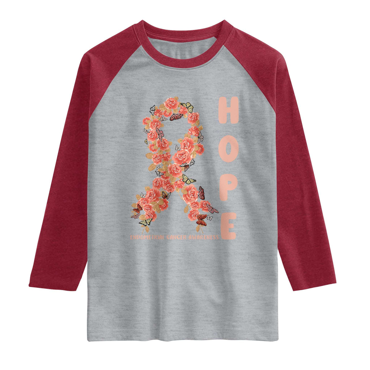 Endometrial Cancer Floral Ribbon Raglan Shirt Hope Peach Ribbon Warrior TS12 Heather Gray Heather Red Print Your Wear