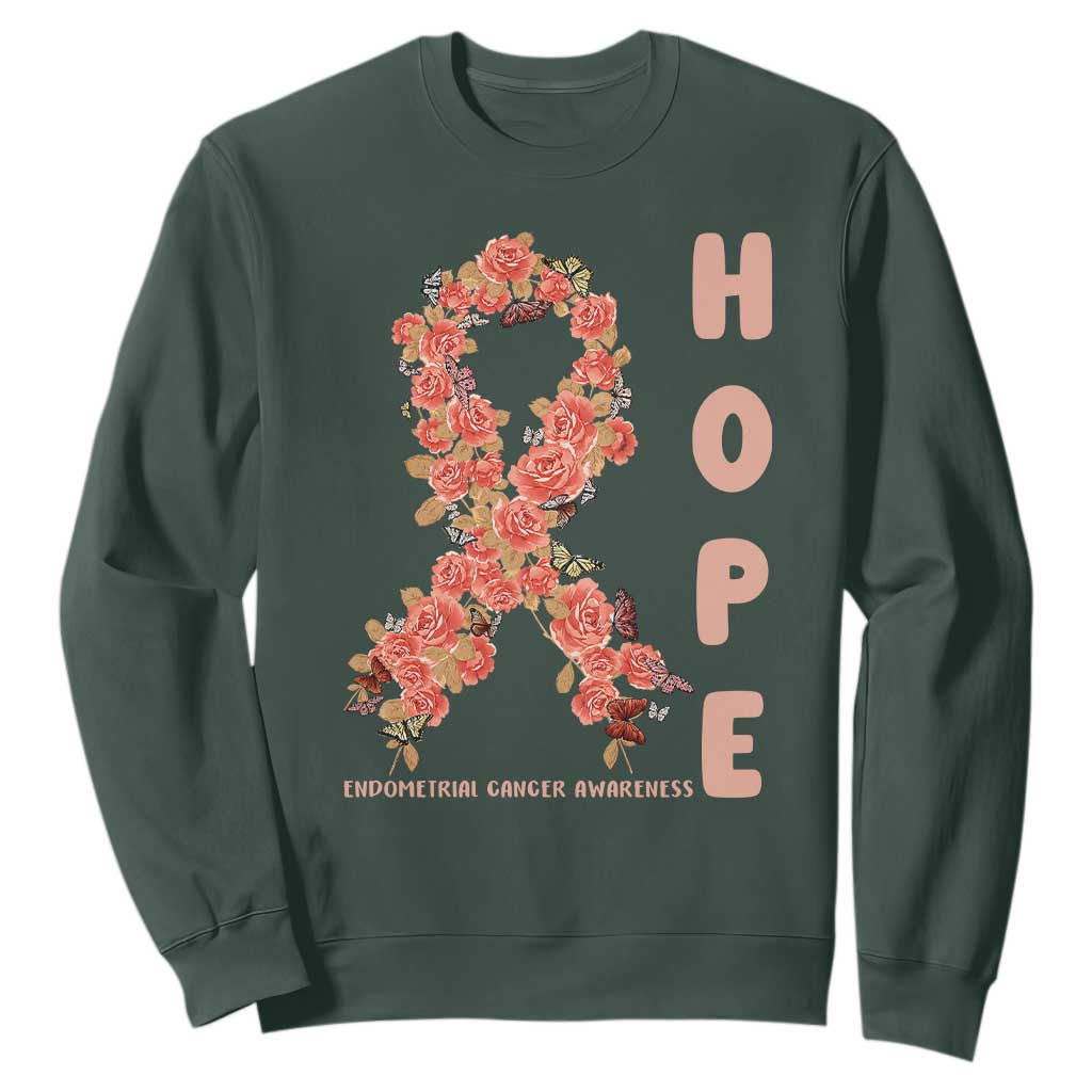 Endometrial Cancer Floral Ribbon Sweatshirt Hope Peach Ribbon Warrior TS12 Dark Forest Green Print Your Wear