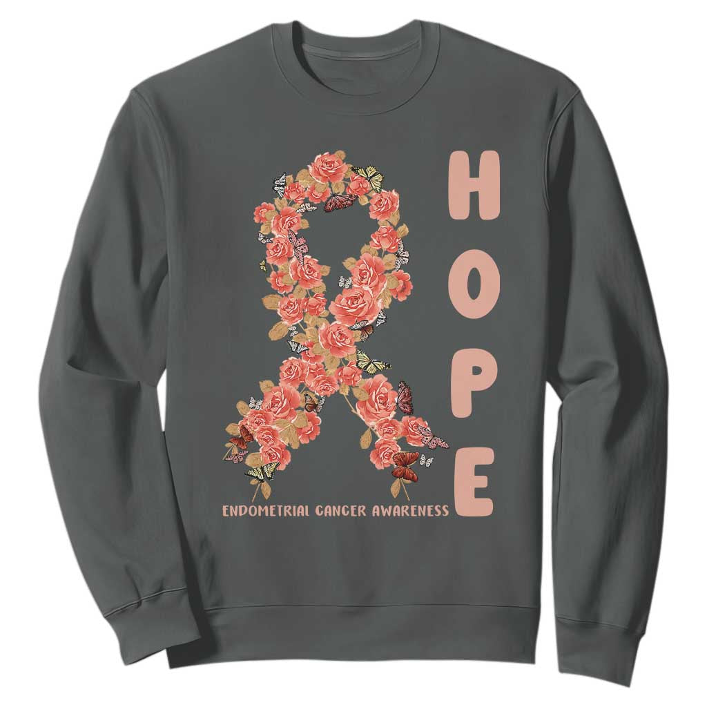 Endometrial Cancer Floral Ribbon Sweatshirt Hope Peach Ribbon Warrior TS12 Dark Heather Print Your Wear