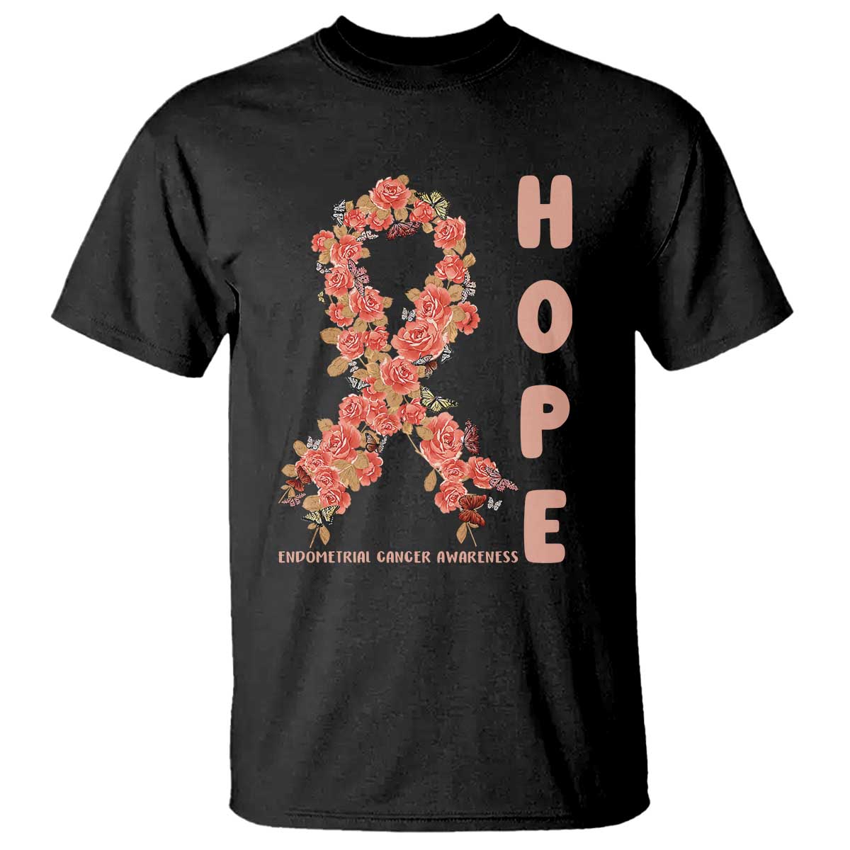 Endometrial Cancer Floral Ribbon T Shirt Hope Peach Ribbon Warrior TS12 Black Print Your Wear