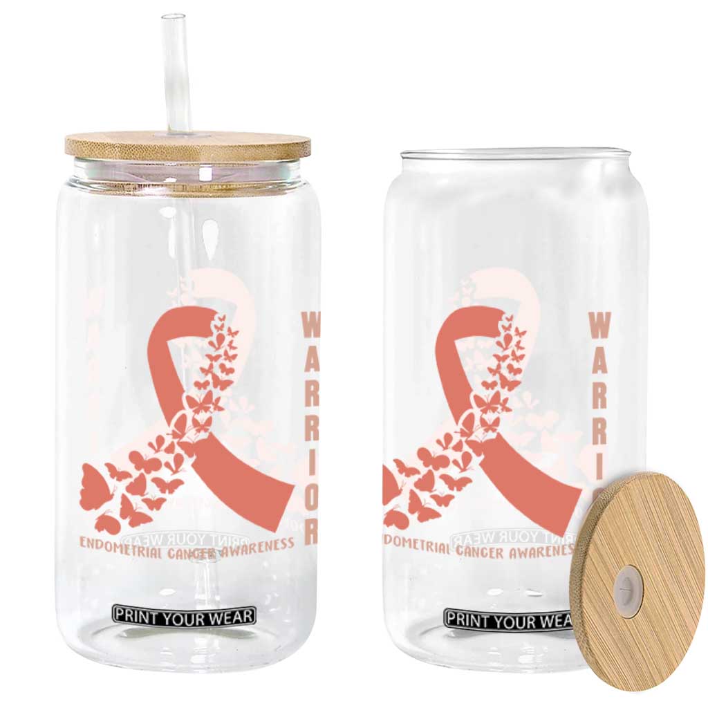 Endometrial Cancer Warrior Fighter Butterfly Glass Can Peach Ribbon Hope TS12 Print Your Wear