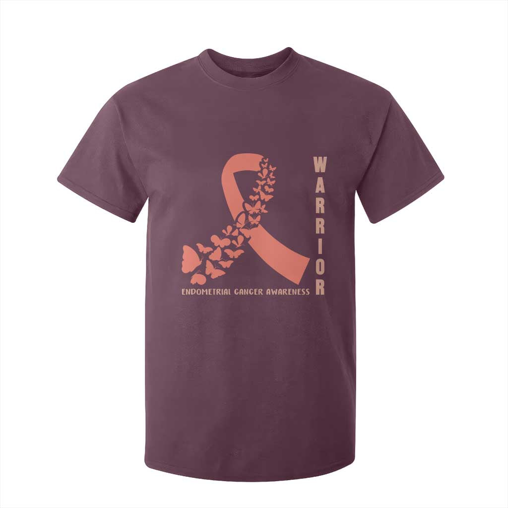 Endometrial Cancer Warrior Fighter Butterfly T Shirt For Kid Peach Ribbon Hope TS12 Maroon Print Your Wear
