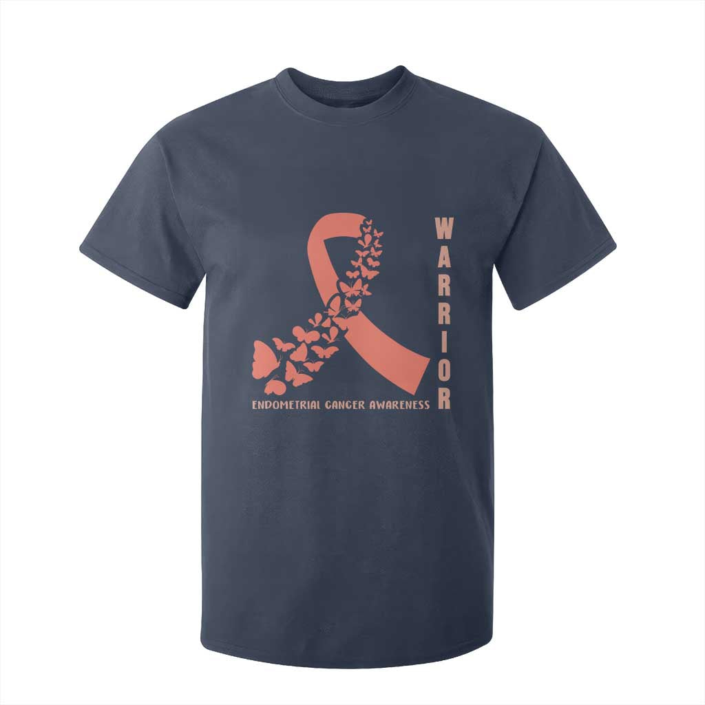 Endometrial Cancer Warrior Fighter Butterfly T Shirt For Kid Peach Ribbon Hope TS12 Navy Print Your Wear