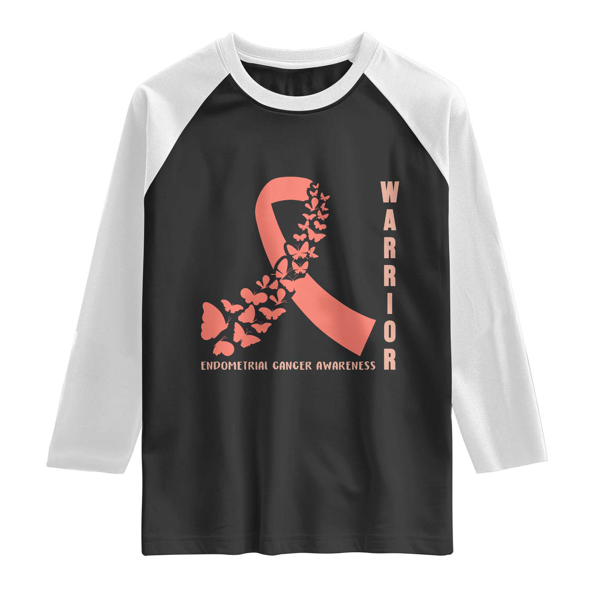 Endometrial Cancer Warrior Fighter Butterfly Raglan Shirt Peach Ribbon Hope TS12 Black White Print Your Wear