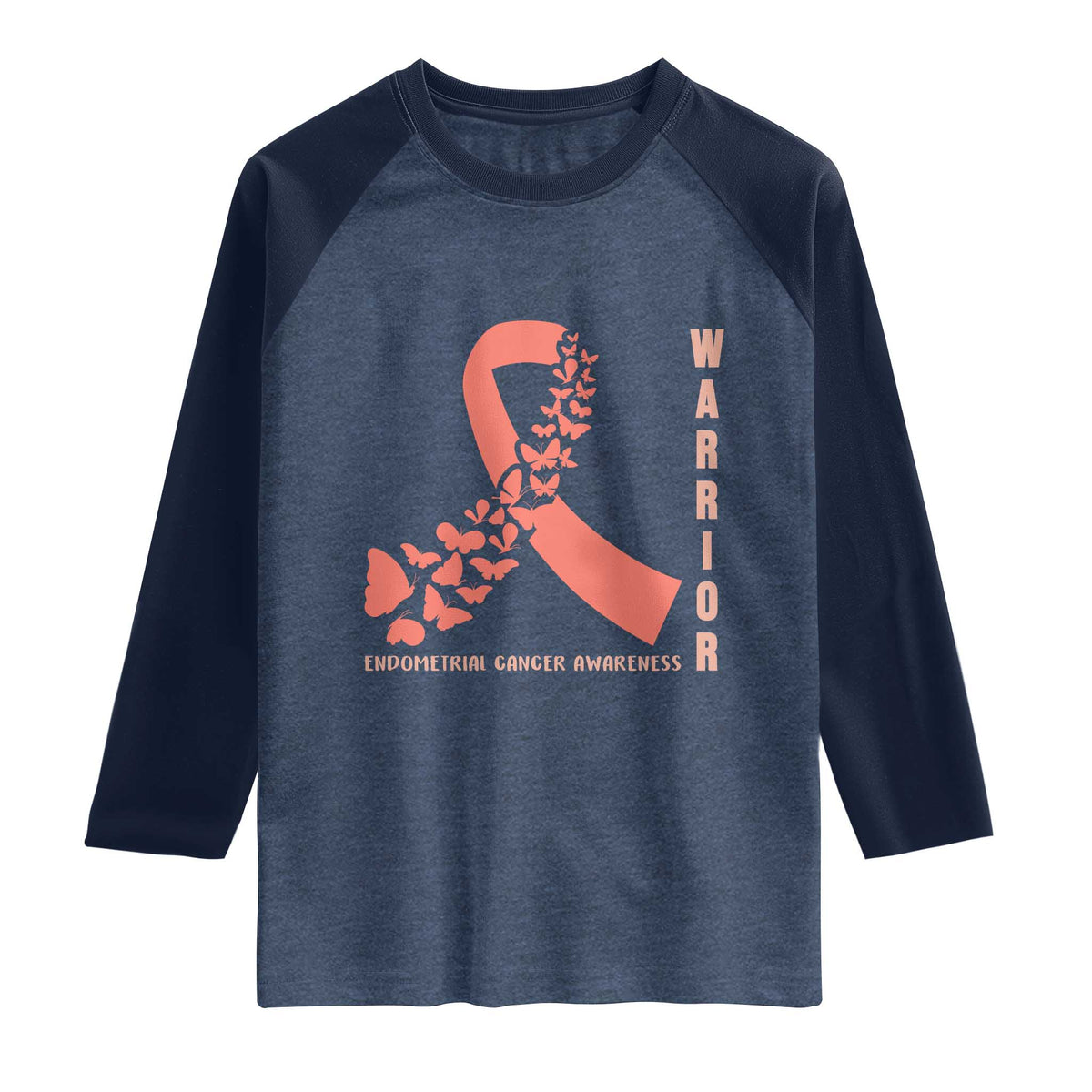 Endometrial Cancer Warrior Fighter Butterfly Raglan Shirt Peach Ribbon Hope TS12 Heather Denim Navy Print Your Wear