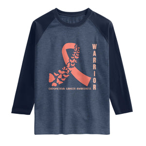 Endometrial Cancer Warrior Fighter Butterfly Raglan Shirt Peach Ribbon Hope TS12 Heather Denim Navy Print Your Wear
