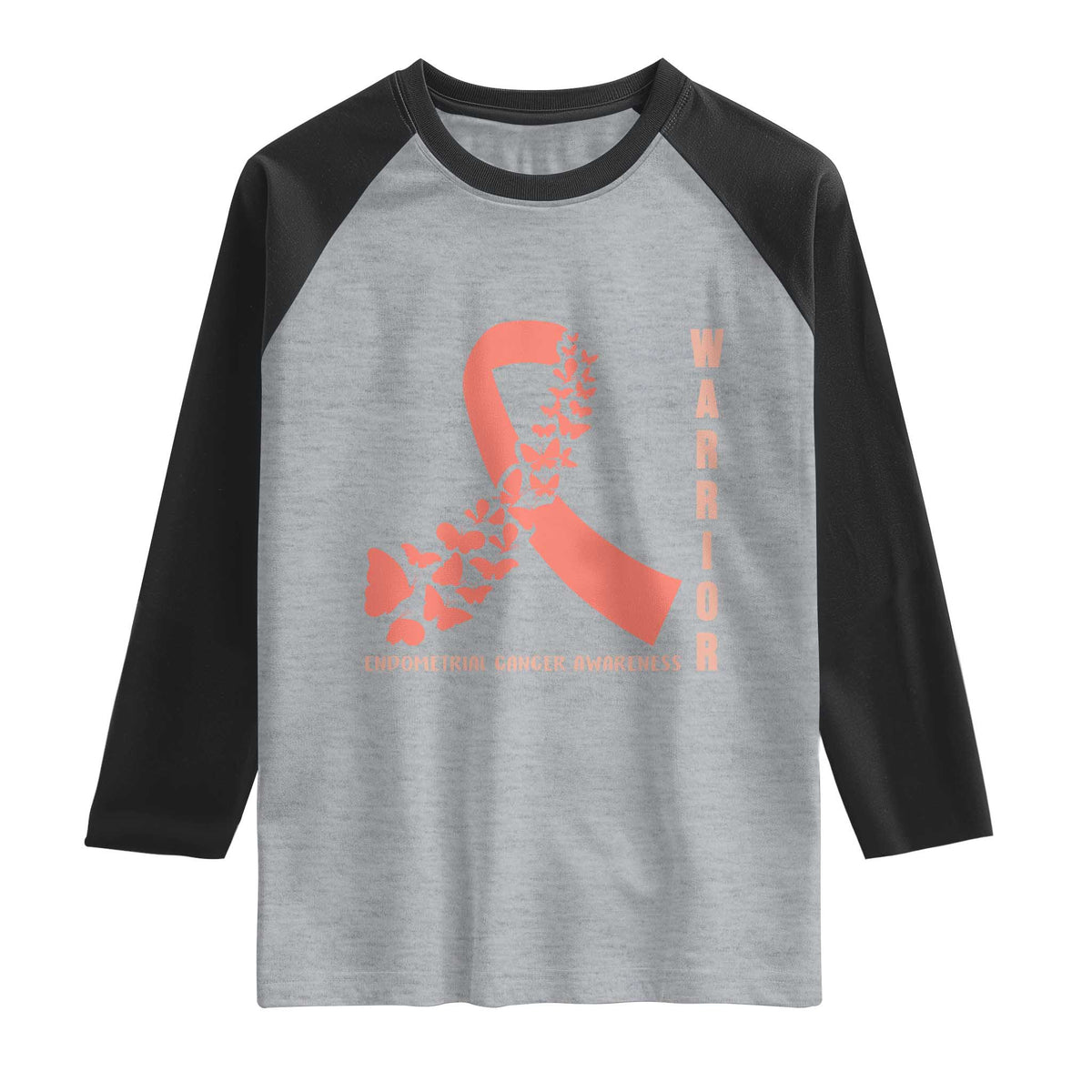 Endometrial Cancer Warrior Fighter Butterfly Raglan Shirt Peach Ribbon Hope TS12 Heather Gray Black Print Your Wear