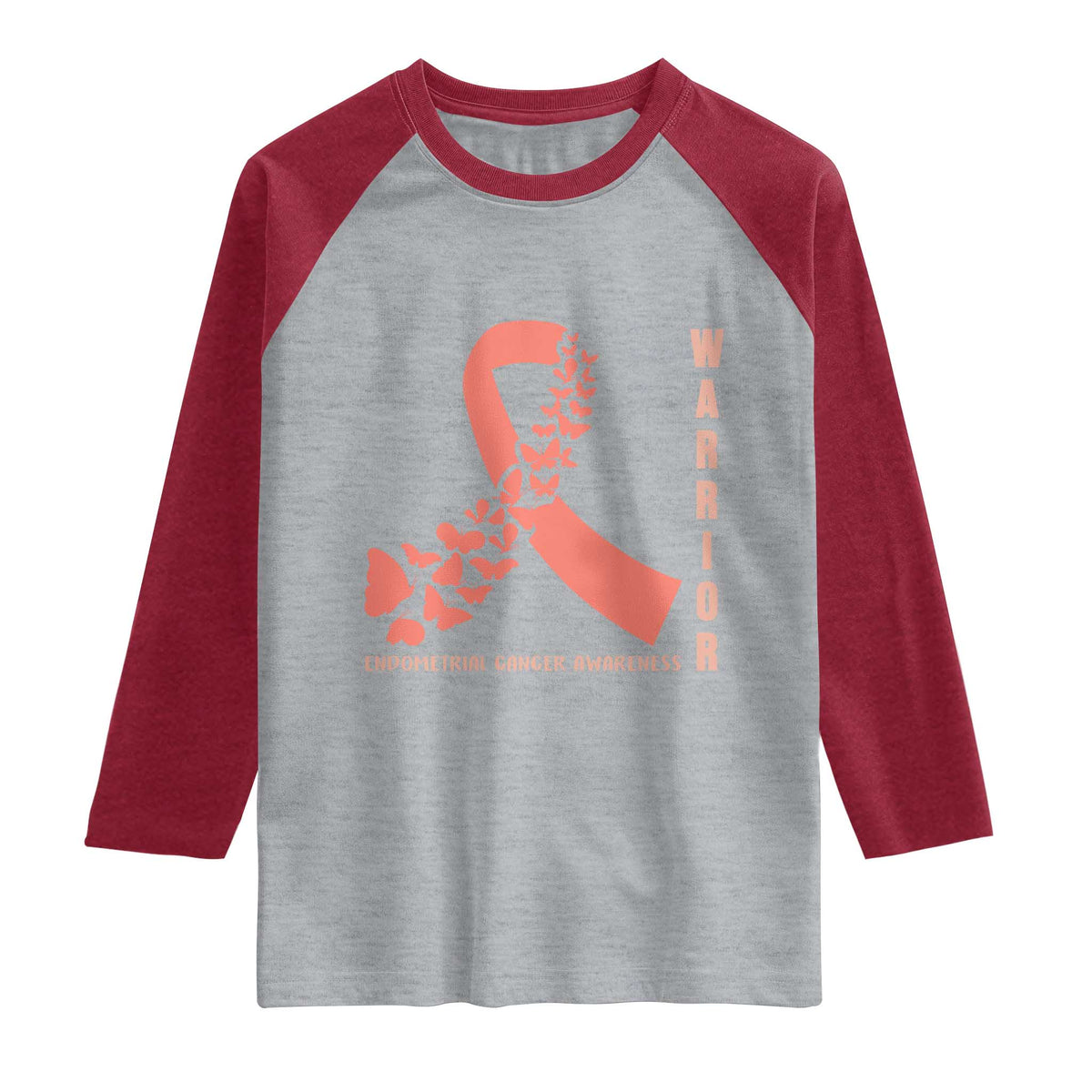 Endometrial Cancer Warrior Fighter Butterfly Raglan Shirt Peach Ribbon Hope TS12 Heather Gray Heather Red Print Your Wear