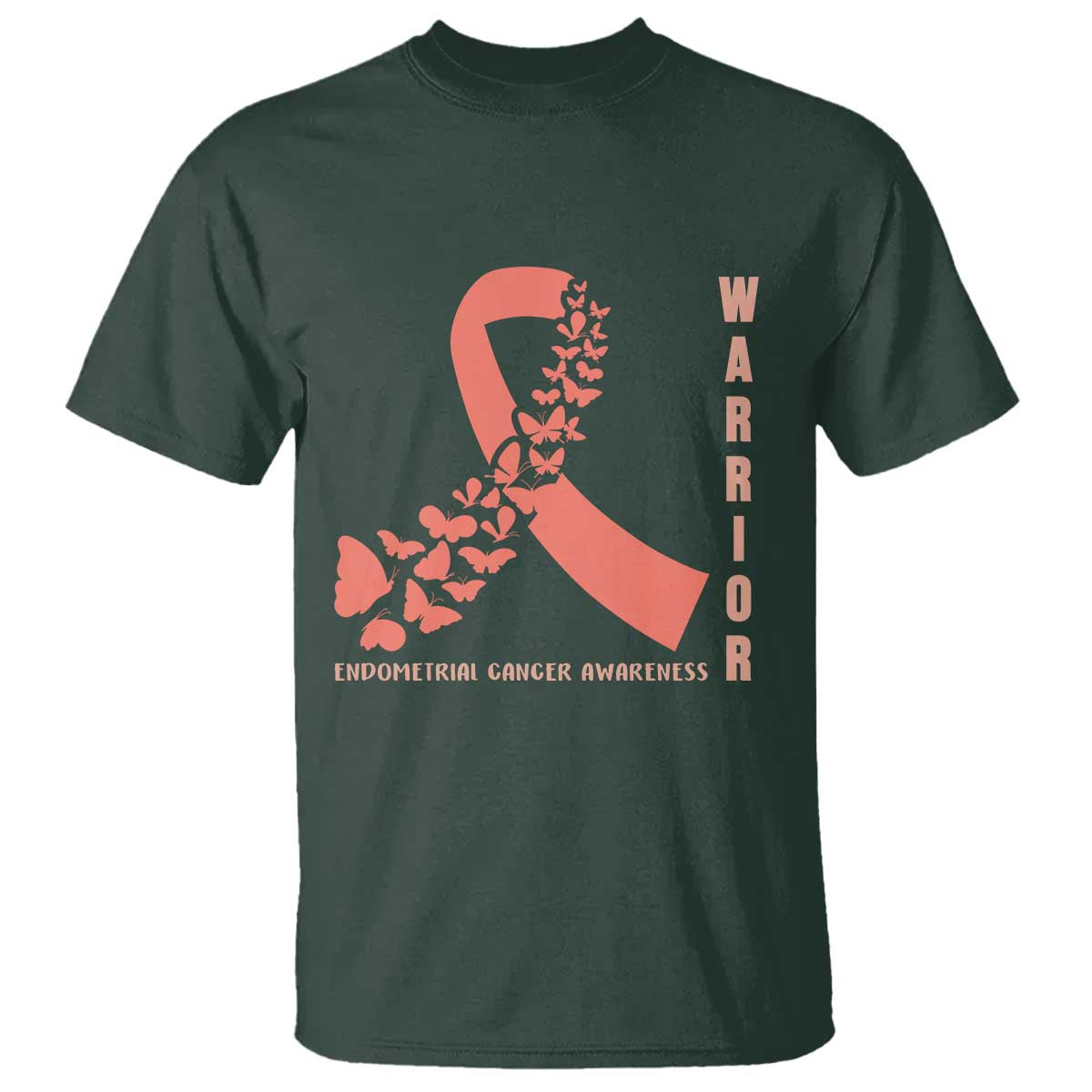Endometrial Cancer Warrior Fighter Butterfly T Shirt Peach Ribbon Hope TS12 Dark Forest Green Print Your Wear