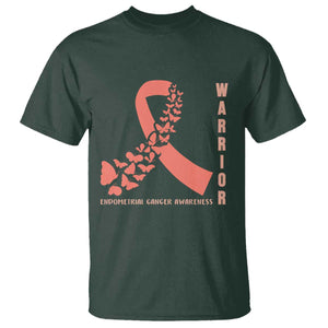 Endometrial Cancer Warrior Fighter Butterfly T Shirt Peach Ribbon Hope TS12 Dark Forest Green Print Your Wear