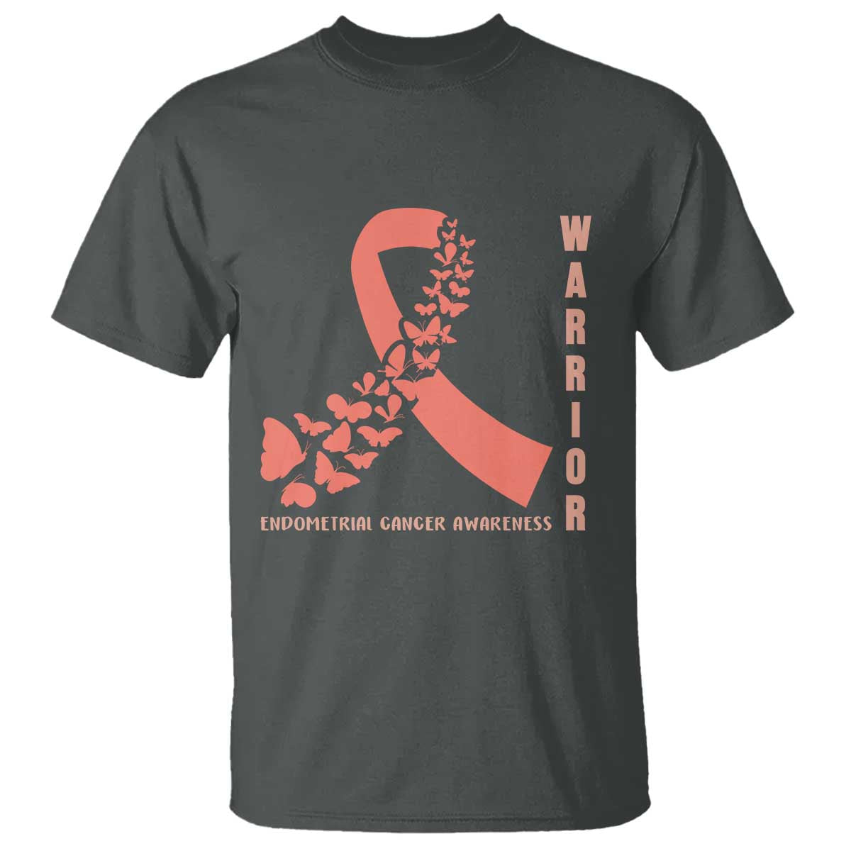 Endometrial Cancer Warrior Fighter Butterfly T Shirt Peach Ribbon Hope TS12 Dark Heather Print Your Wear