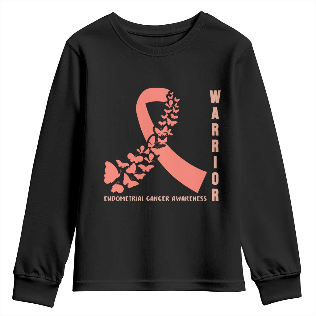 Endometrial Cancer Warrior Fighter Butterfly Youth Sweatshirt Peach Ribbon Hope TS12 Black Print Your Wear