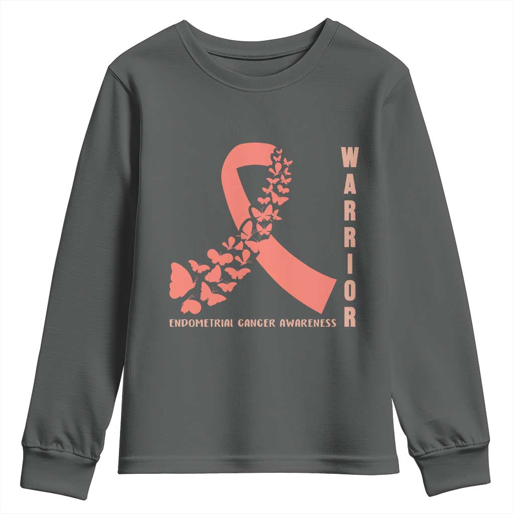 Endometrial Cancer Warrior Fighter Butterfly Youth Sweatshirt Peach Ribbon Hope TS12 Dark Heather Print Your Wear