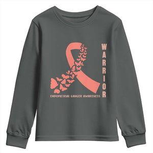 Endometrial Cancer Warrior Fighter Butterfly Youth Sweatshirt Peach Ribbon Hope TS12 Dark Heather Print Your Wear