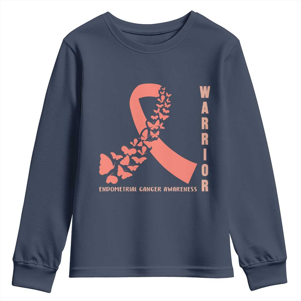Endometrial Cancer Warrior Fighter Butterfly Youth Sweatshirt Peach Ribbon Hope TS12 Navy Print Your Wear
