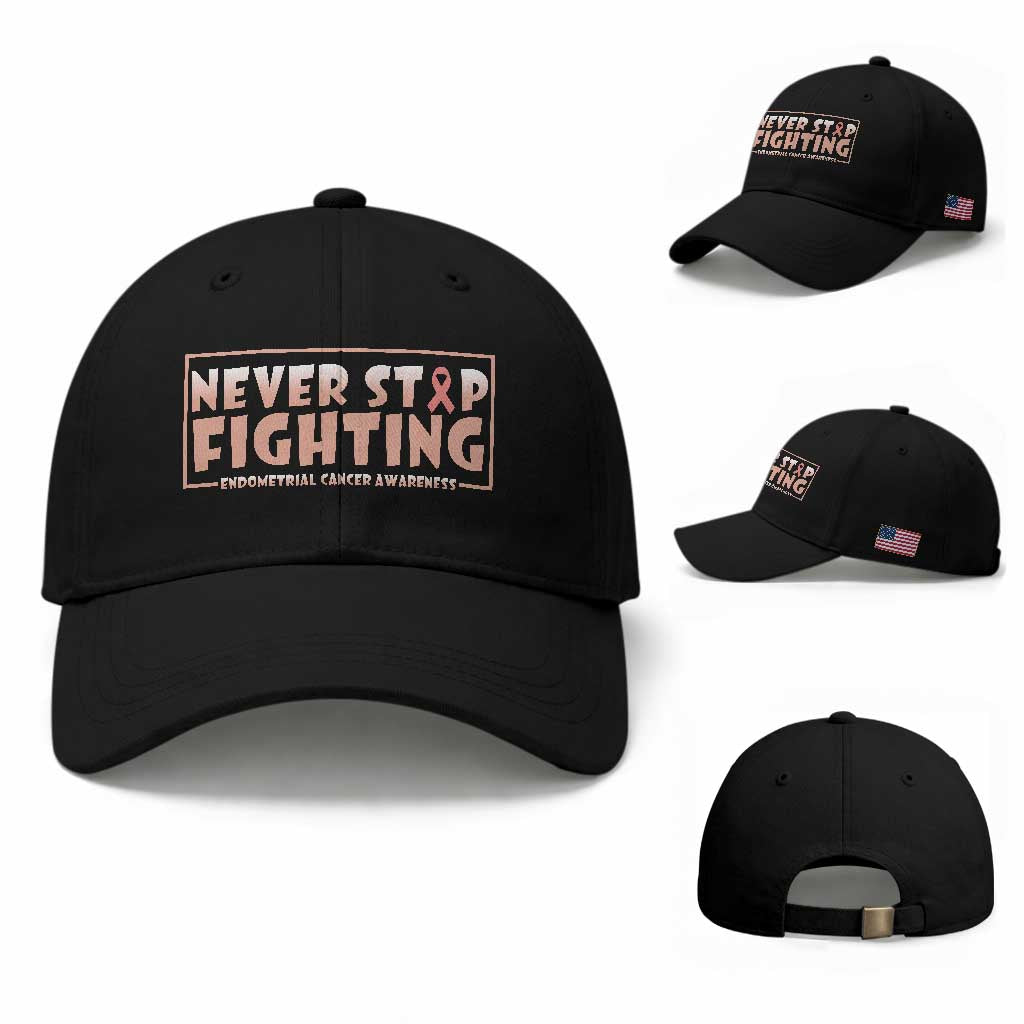 Endometrial Cancer Fighter Baseball Cap Never Stop Fighting Peach Ribbon TS12 Baseball Cap Universal Fit Black Print Your Wear