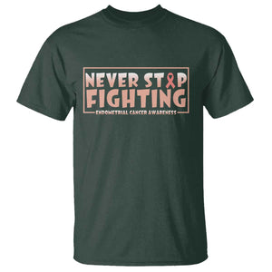 Endometrial Cancer Fighter T Shirt Never Stop Fighting Peach Ribbon TS12 Dark Forest Green Print Your Wear