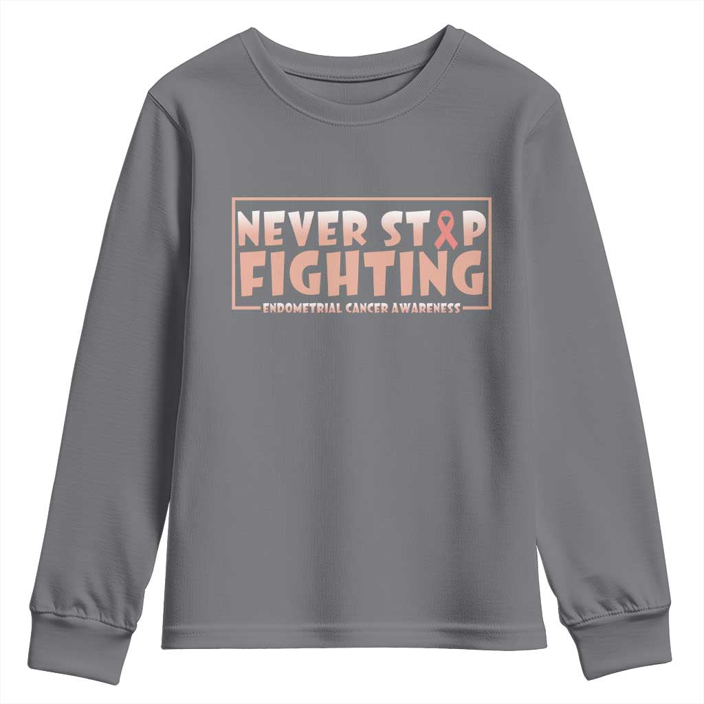 Endometrial Cancer Fighter Youth Sweatshirt Never Stop Fighting Peach Ribbon TS12 Charcoal Print Your Wear