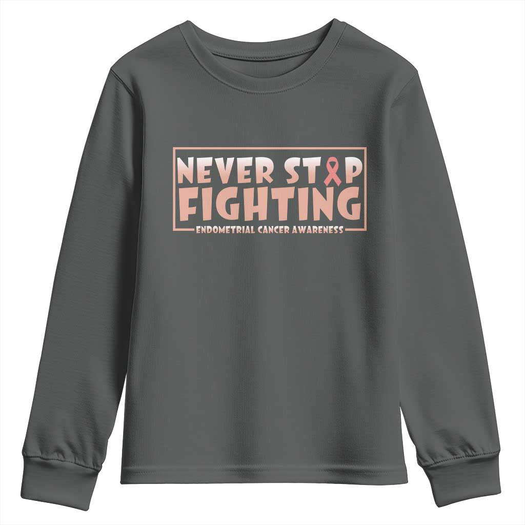 Endometrial Cancer Fighter Youth Sweatshirt Never Stop Fighting Peach Ribbon TS12 Dark Heather Print Your Wear