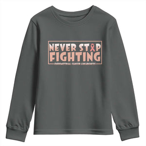 Endometrial Cancer Fighter Youth Sweatshirt Never Stop Fighting Peach Ribbon TS12 Dark Heather Print Your Wear