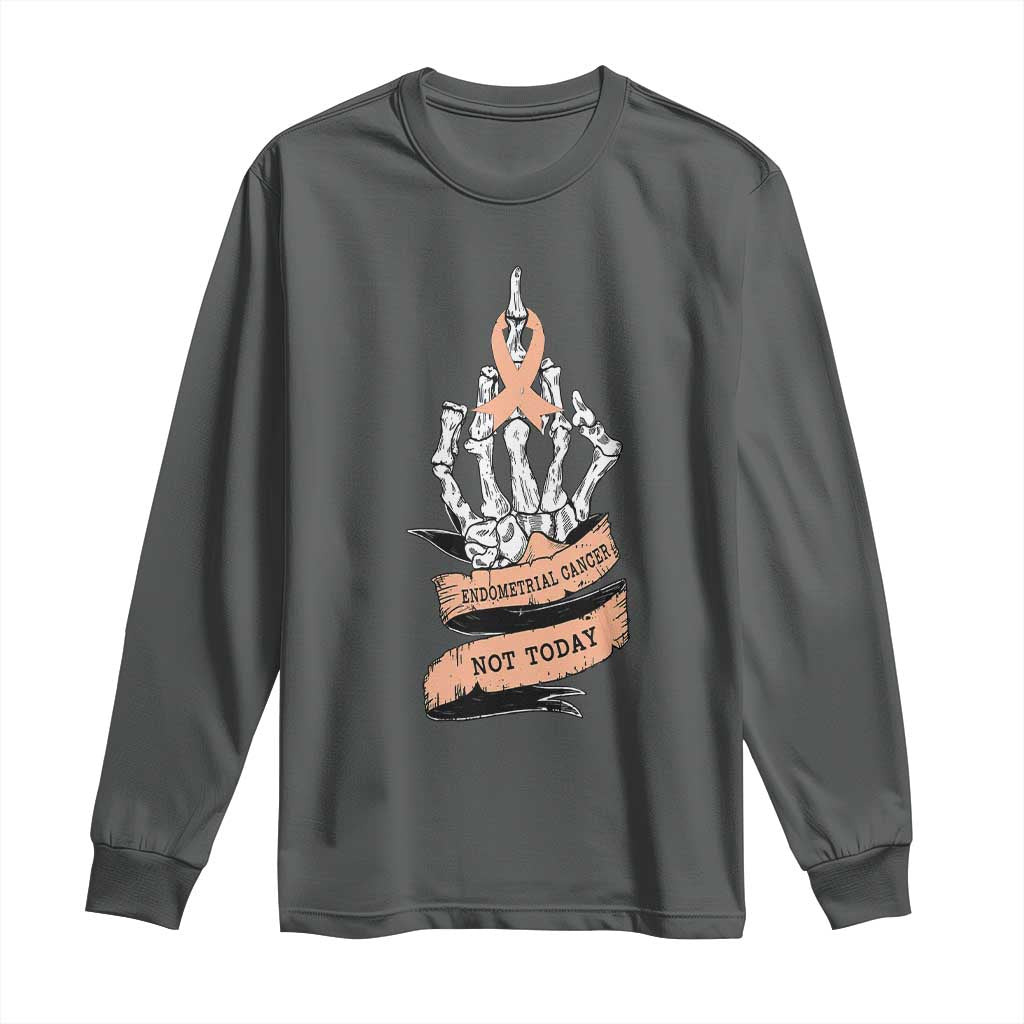 Funny Endometrial Cancer Skeleton Not Today Long Sleeve Shirt Fighter Peach Ribbon TS12 Dark Heather Print Your Wear