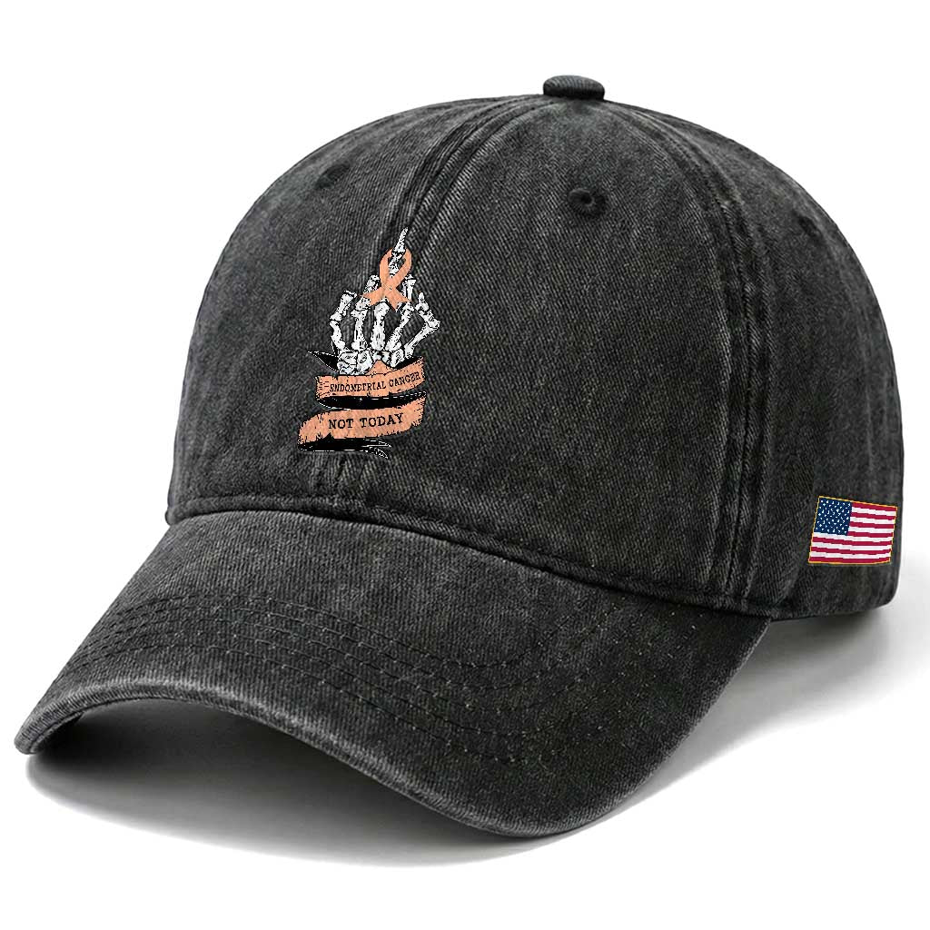 Funny Endometrial Cancer Skeleton Not Today Washed Cotton Baseball Cap Fighter Peach Ribbon TS12 Print Your Wear