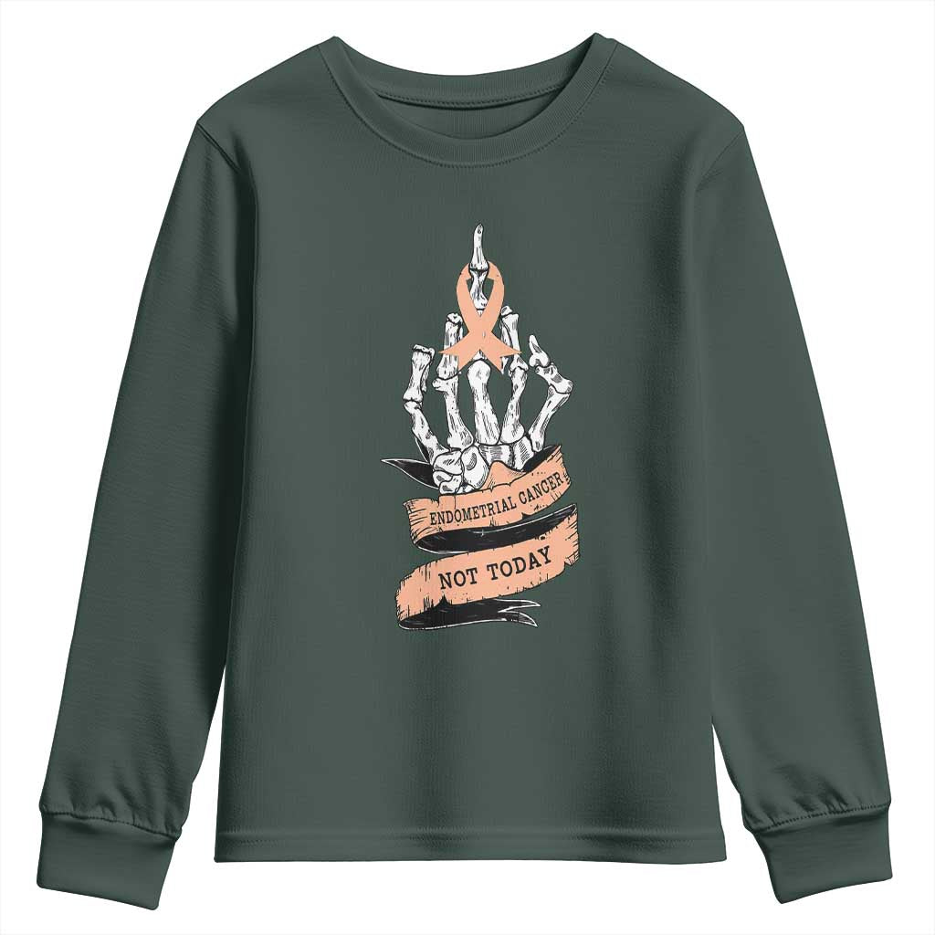Funny Endometrial Cancer Skeleton Not Today Youth Sweatshirt Fighter Peach Ribbon TS12 Dark Forest Green Print Your Wear