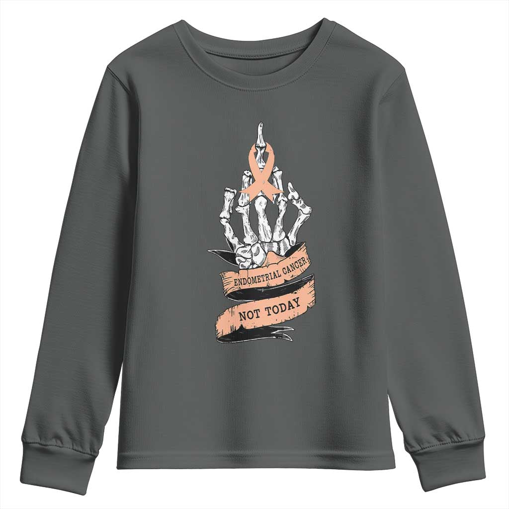 Funny Endometrial Cancer Skeleton Not Today Youth Sweatshirt Fighter Peach Ribbon TS12 Dark Heather Print Your Wear
