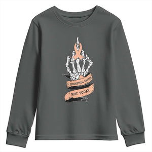 Funny Endometrial Cancer Skeleton Not Today Youth Sweatshirt Fighter Peach Ribbon TS12 Dark Heather Print Your Wear
