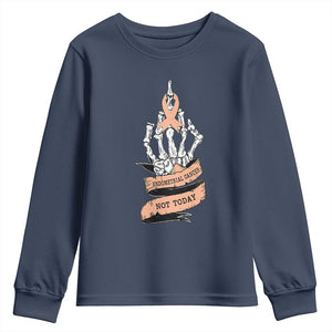 Funny Endometrial Cancer Skeleton Not Today Youth Sweatshirt Fighter Peach Ribbon TS12 Navy Print Your Wear