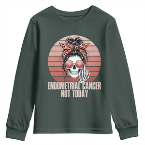 Vintage Endometrial Cancer Not Today Youth Sweatshirt Skeleton Warrior Fighter TS12 Dark Forest Green Print Your Wear