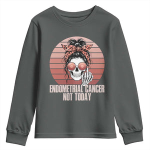 Vintage Endometrial Cancer Not Today Youth Sweatshirt Skeleton Warrior Fighter TS12 Dark Heather Print Your Wear