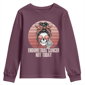 Vintage Endometrial Cancer Not Today Youth Sweatshirt Skeleton Warrior Fighter TS12 Maroon Print Your Wear